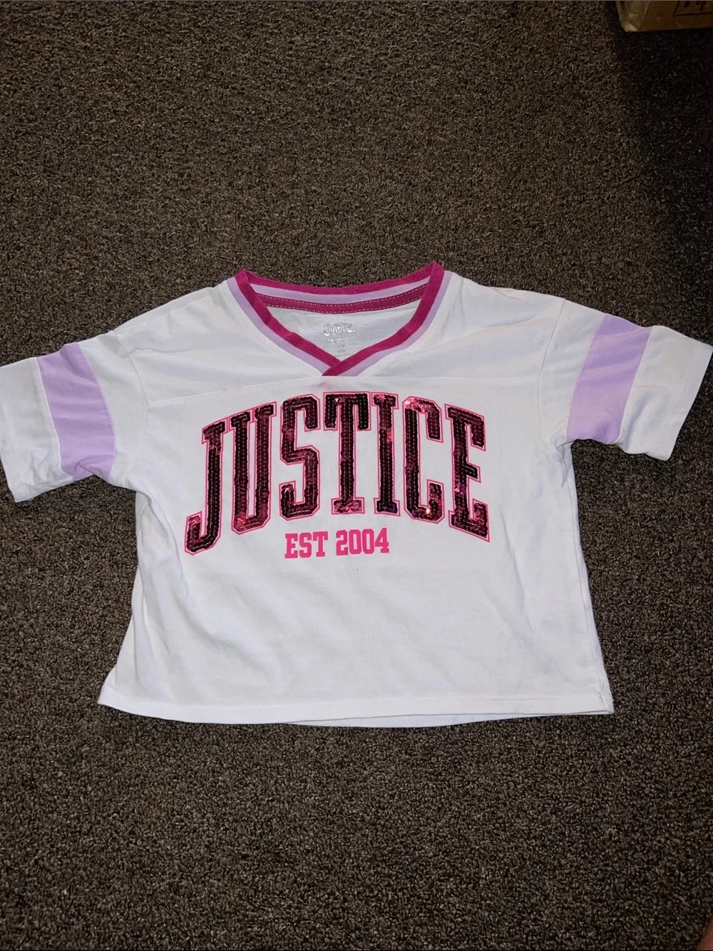 Justice White V-Neck Tee with Pink and Lavender Accents